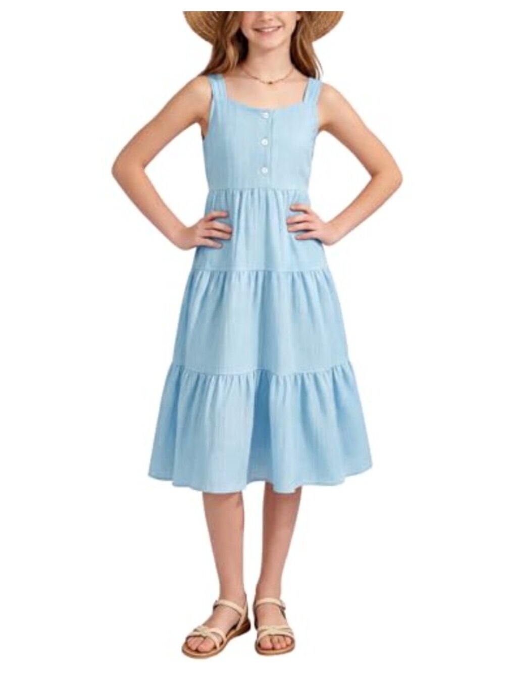Girls Sleeveless Smocked Swing Maxi Dress Tie Back Square Neck Boho